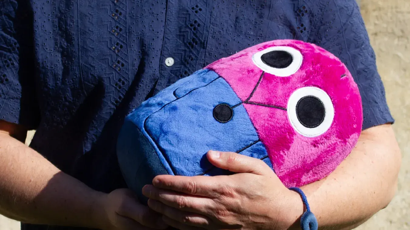 Mann hält ein grosses iosys-Plüschmaskottchen in Pink und Blau im Arm
