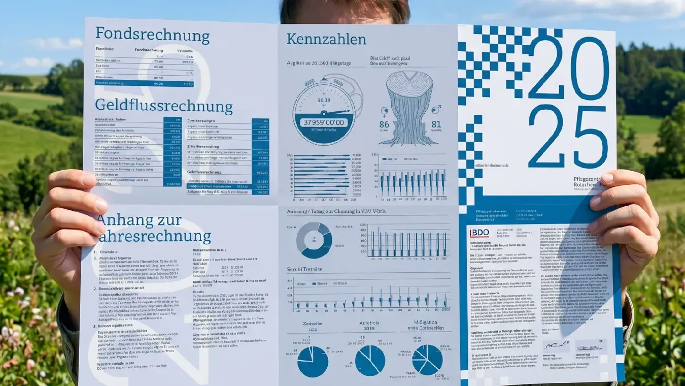 Geschäftsbericht Pflegezentrum Rotacher 2025, aufgeschlagen in der Wiese mit Fondsrechnung und Kennzahlen